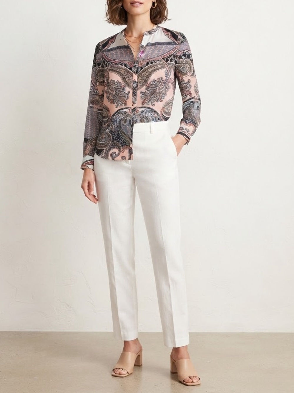 Talbots Paisley Print Long Sleeve Blouse - Pink, Black & Cream